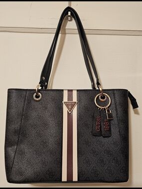 GUESS Noelle Black Tote with Burgundy & Cream Center Stripe